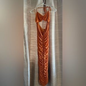 Orange Ruched Cut Out Midi Dress.